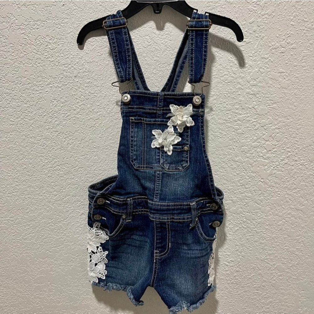 Jordache Dark Enzyme Wash Floral Crochet Denim Shortall Overall Shorts - Picture 2 of 10